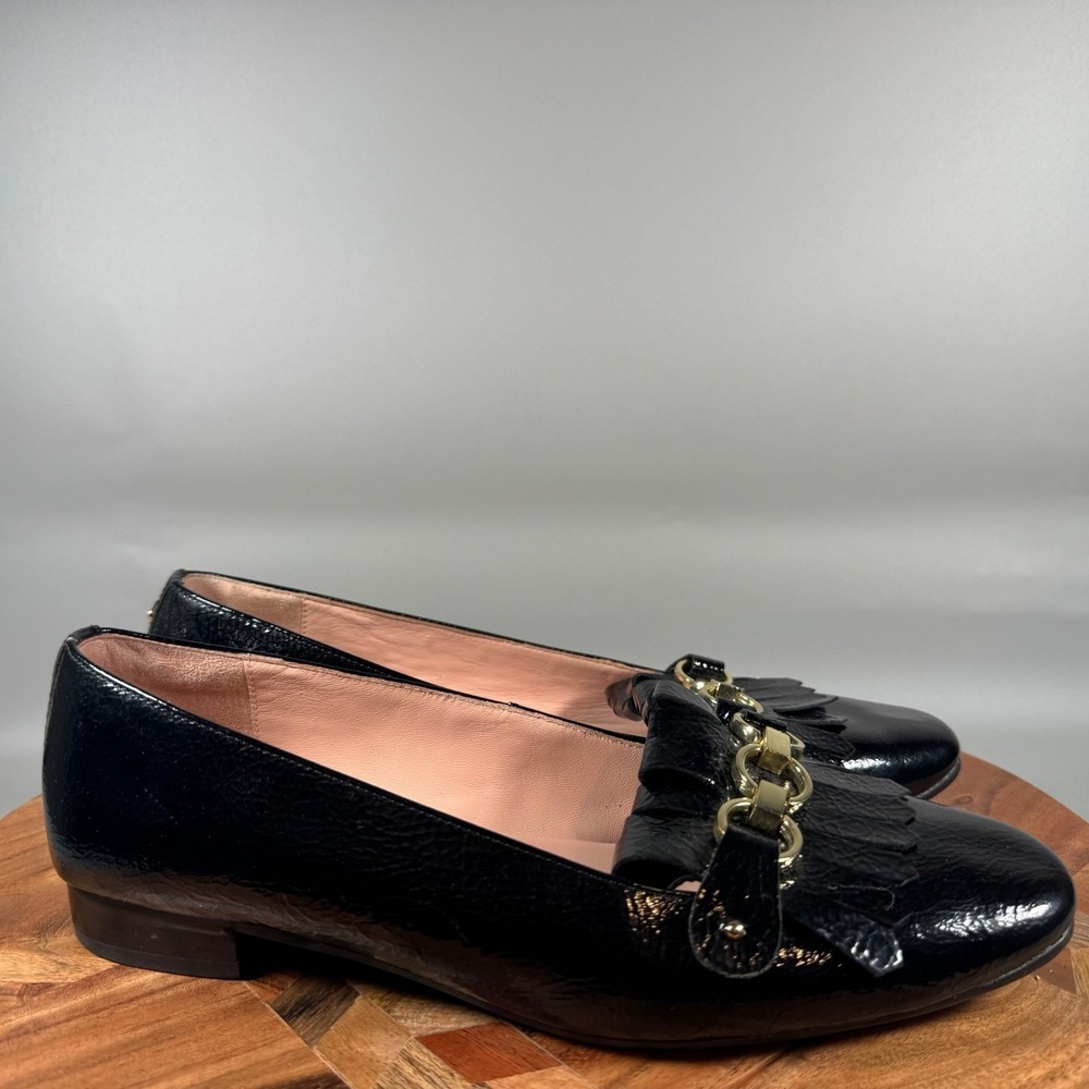 Kate Spade New York Black Crinkled Patent Leather Kiltie Chain Loafers 7.5M